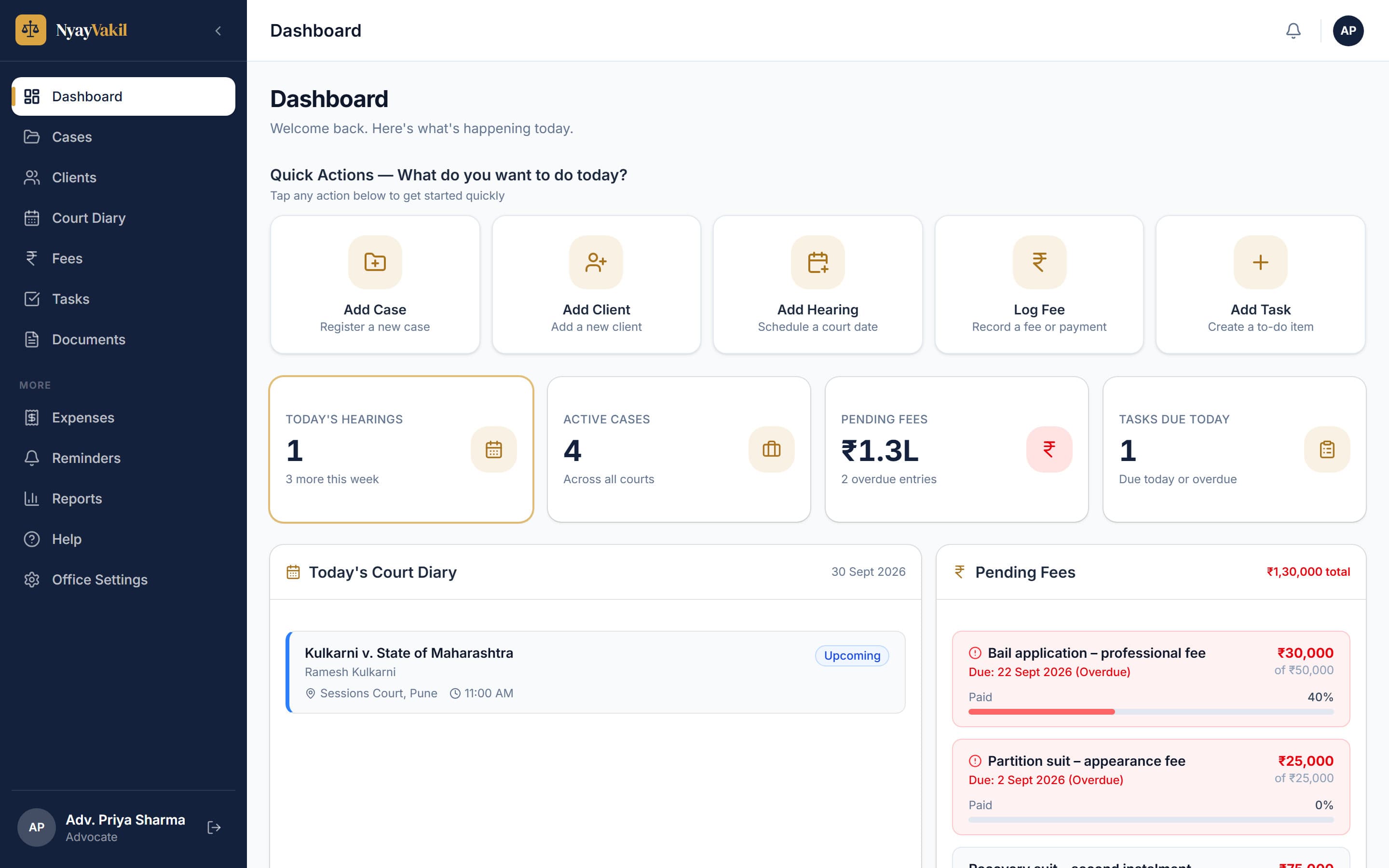 NyayVakil dashboard showing today's court diary, pending fees and tasks
